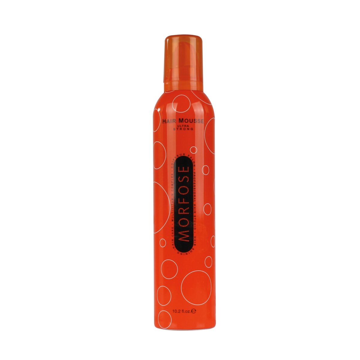 En orange flaska Morfose Hai Mousse Ultra Strong, med en cirkulär design med matchande lock, är perfekt för herrstyling. Den innehåller 350ml hårprodukt från Golaan Sverige.