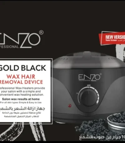 Bilden visar ENZO Professional Wax Hair Removal Device, designad för män. Den har en elegant svart design med en kontrollratt och framhäver "Gold Black" och "New Version", tillsammans med fördelar och arabisk text längst ner.