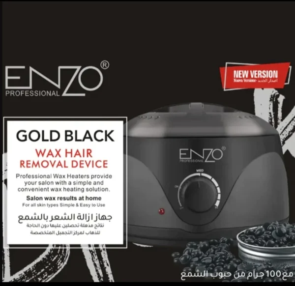 Bilden visar ENZO Professional Wax Hair Removal Device, designad för män. Den har en elegant svart design med en kontrollratt och framhäver "Gold Black" och "New Version", tillsammans med fördelar och arabisk text längst ner.