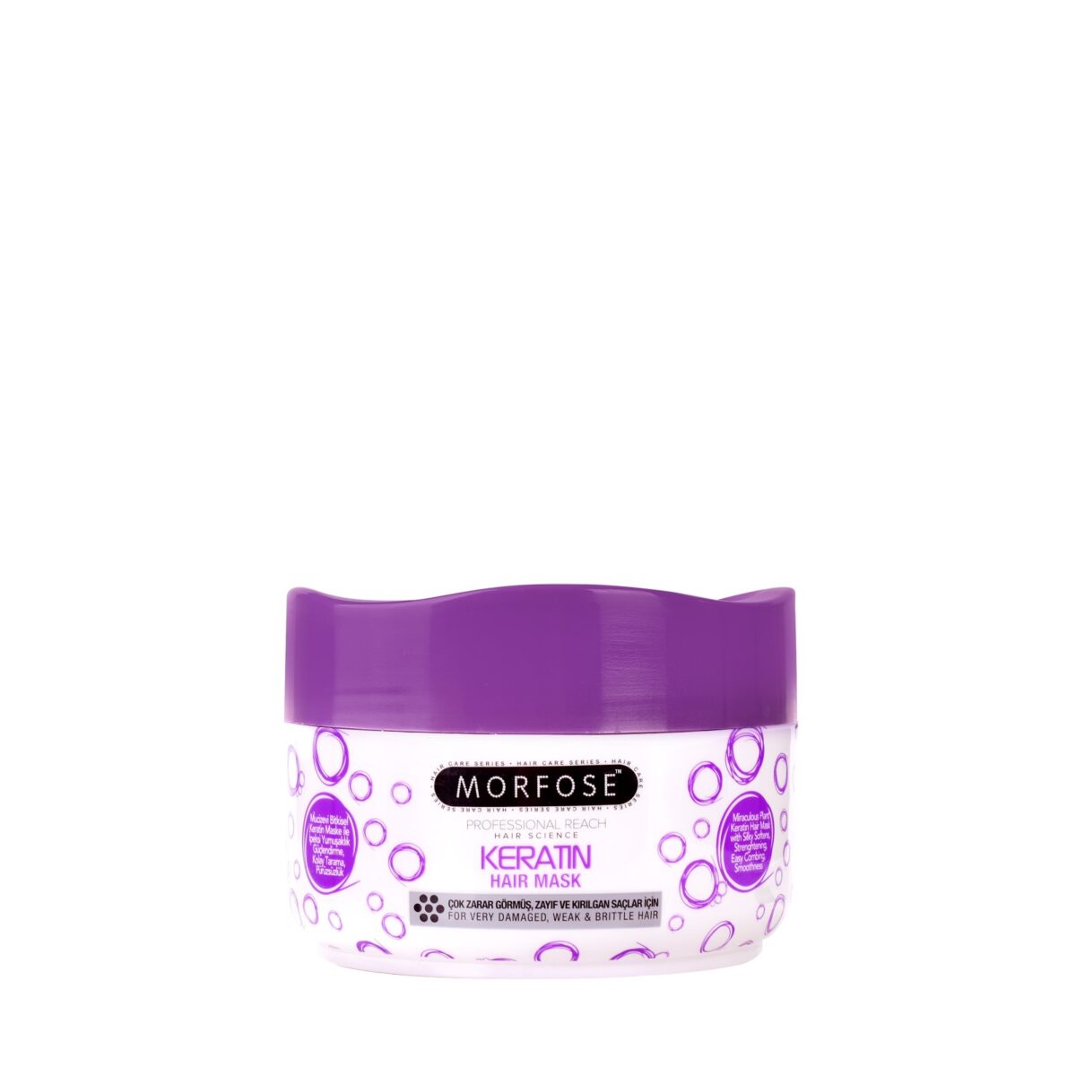 Morfose Keratin Hair Mask 500ml, med ett lila lock och cirkulär design, är idealisk för skadat, svagt hår. En del av Golaan Sveriges sortiment av hårprodukter är skräddarsytt för att möta behoven hos alla, inklusive för man.