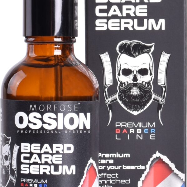 Ossion Beard Care Serum 50 ml med argan och mandelolja visas bredvid lådan. Idealisk för män, förpackningen har en stiliserad skäggig man-illustration och texten "Premium Barber Line", som betonar dess status bland premium hårprodukter.