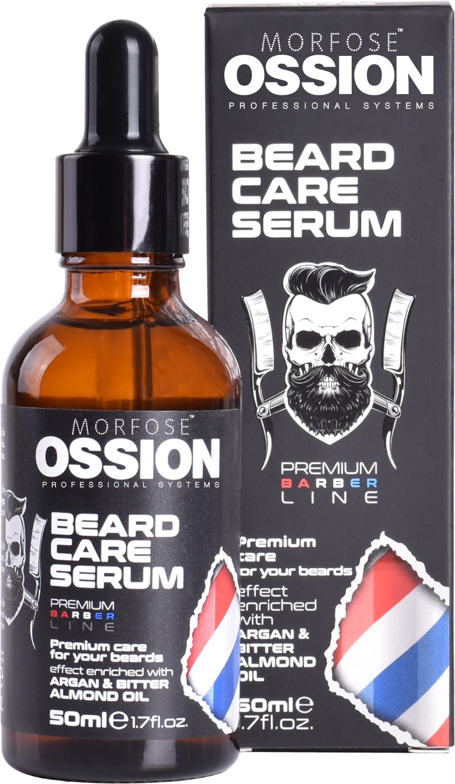 Ossion Beard Care Serum 50 ml med argan och mandelolja visas bredvid lådan. Idealisk för män, förpackningen har en stiliserad skäggig man-illustration och texten "Premium Barber Line", som betonar dess status bland premium hårprodukter.