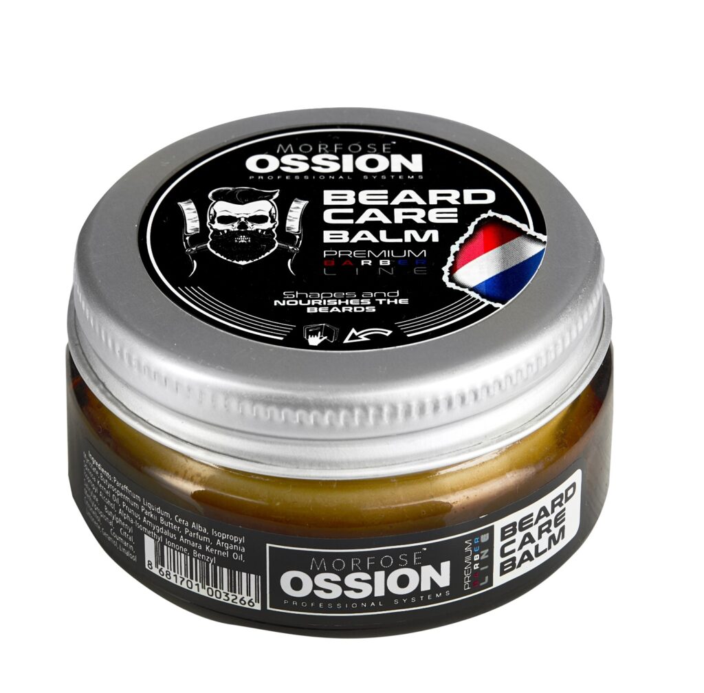 En 50 ml rund burk Ossion Beard Care Balm Wax med ett påskruvat lock med en skäggig skallelogotyp och "Premium Care för man." Behållaren är dekorerad i svart, rött, vitt och blått.