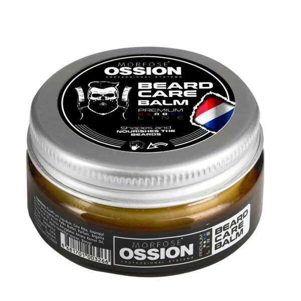 En 50 ml rund burk Ossion Beard Care Balm Wax med ett påskruvat lock med en skäggig skallelogotyp och "Premium Care för man." Behållaren är dekorerad i svart, rött, vitt och blått.