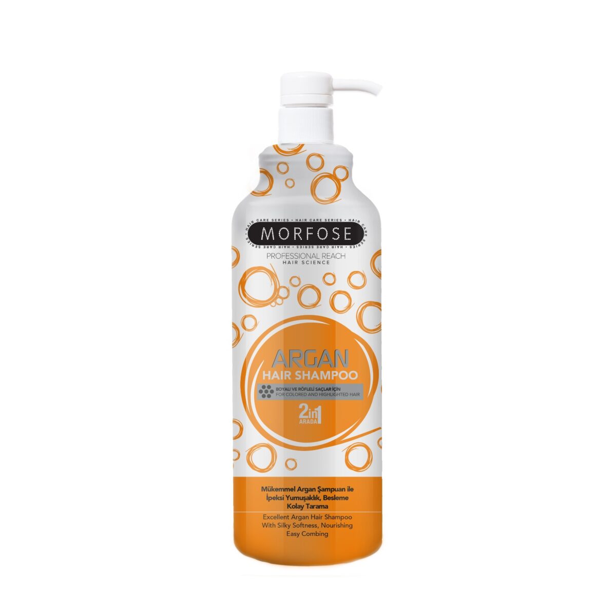 Morfose Argan 2In1 Hair Shampoo 1000ml, med pumpdispenser och levande orange och vit bubbeletikett, är perfekt för kvinnor. Denna Golaan-favorit återfuktar och återupplivar håret samtidigt som den säkerställer enkla kamningsfördelar.