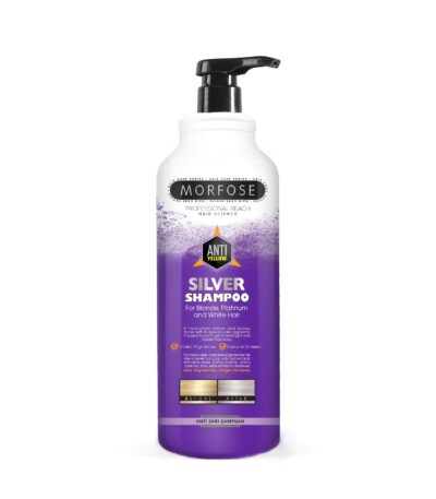 Morfose Silver Shampoo 1000ml, utrustat med pumpdispenser, är skräddarsytt för kvinnor med blont, platina och vitt hår. Dess förpackning framhäver anti-gula egenskaper och livfull pigmentteknologi i ett lila och vitt färgschema - en enastående hårprodukt från Golaan Sverige.