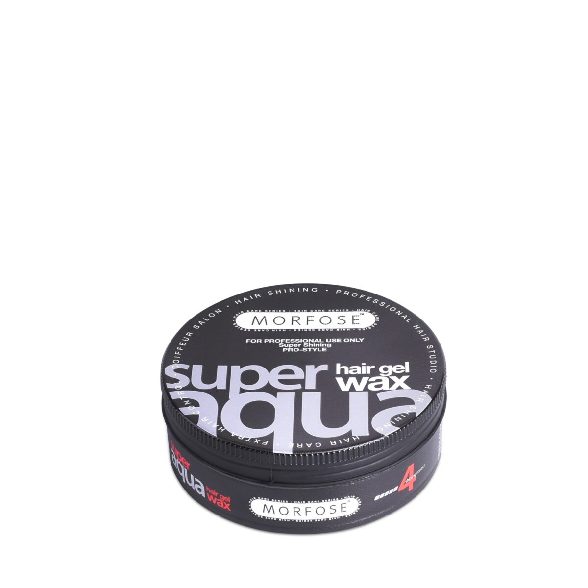 En rund svart behållare med Morfose Super Aqua Hair Gel Wax 150ml passar den moderna Golaan-trendsättaren. Locket visar produktdetaljer i vit och röd text, och den är placerad mot en vanlig vit bakgrund, vilket framhäver dess eleganta design som ett premiumhårprodukt för män.