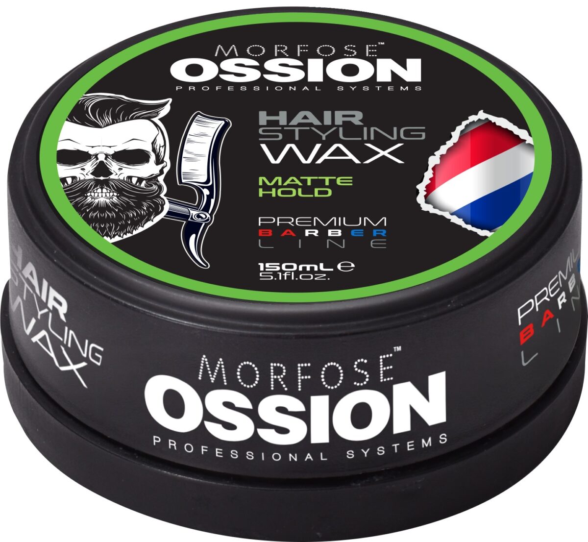 Den svarta, runda behållaren med OSSION PREMIUM BARBER HAIR Wax Matte 150ml sticker ut i hårprodukter med sin skalle med skägg, rakhyvel och klassisk frisörstångsdesign. Texten lyder "Matte Hold" och "Premium Barber Line", som erbjuder 150 ml stylingperfekt.