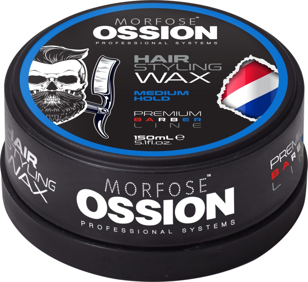 En 150 ml rund svart Ossion Premium Barber Hair Styling Wax-behållare med en blå kant har en logotyp för en skäggig man, en frisörstång och "Medium Hold"-text, perfekt för män som söker premium hårprodukter.