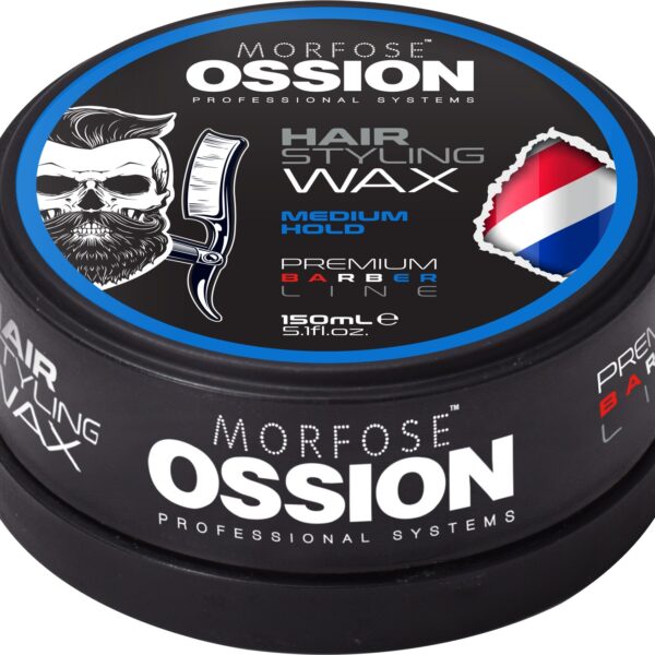 En 150 ml rund svart Ossion Premium Barber Hair Styling Wax-behållare med en blå kant har en logotyp för en skäggig man, en frisörstång och "Medium Hold"-text, perfekt för män som söker premium hårprodukter.