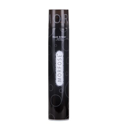 En hög svart burk Morfose Hair Spray Extra Strong 400ml, med cirkulärt mönster, perfekt för män. Det vertikala ljusa varumärket gör att den sticker ut bland hårprodukter på Golaan Sverige.