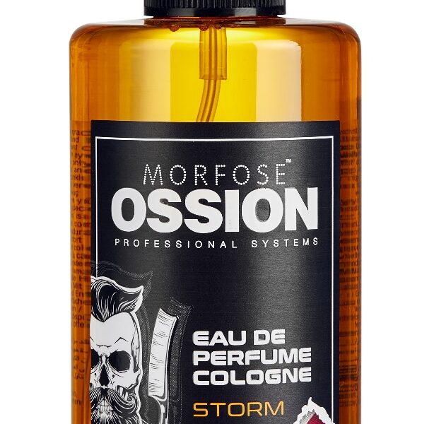 En 300 ml flaska Ossion Premium Barber Spray Cologne Storm är designad för män. Den bärnstensfärgade flaskan har en svart och silveretikett med en skäggig man illustration och den franska flaggan.