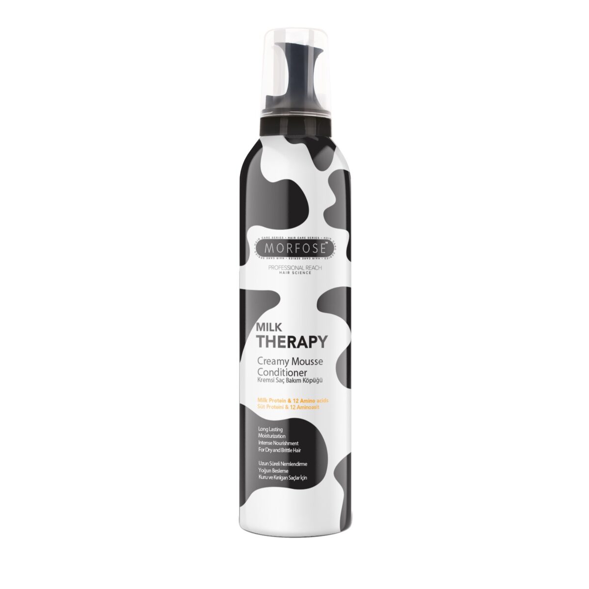 Morfose Milk Therapy Creamy Hair Mousse (350 ml) kommer i en vit flaska med lekfulla svarta kofläckar, med en keratin- och aminosyraformel som är idealisk för män som söker mjukt, glänsande hår.