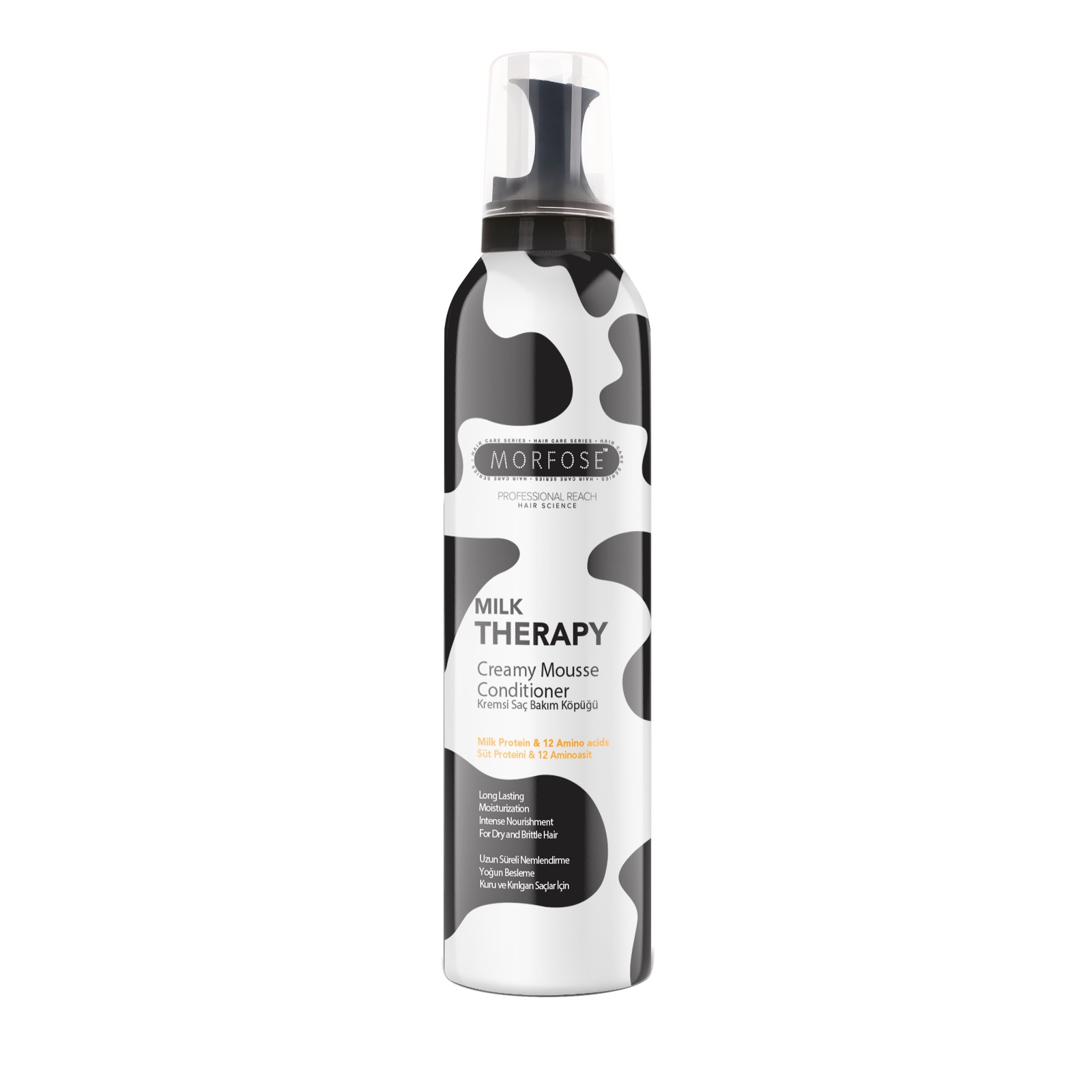 Morfose Milk Therapy Creamy Hair Mousse (350 ml) kommer i en vit flaska med lekfulla svarta kofläckar, med en keratin- och aminosyraformel som är idealisk för män som söker mjukt, glänsande hår.