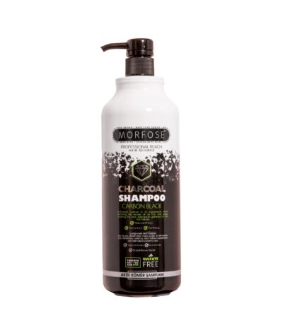 Morfose Charcoal Shampoo Carbon Black 1000ml har en elegant svartvit design som framhäver dess sulfatfria formel för professionell användning. Denna premium hårprodukt kommer i en praktisk pumpdispenser.