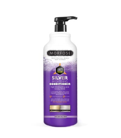 En 1000 ml flaska Morphose Silver Conditioner med en svart pump har en lila och vit etikett som framhäver anti-gula egenskaper, höga fuktgivande fördelar och glansig glans. Lämplig för män och kvinnor, den är perfekt för blekt och grått hår. Finns nu på Golaan Sverige.