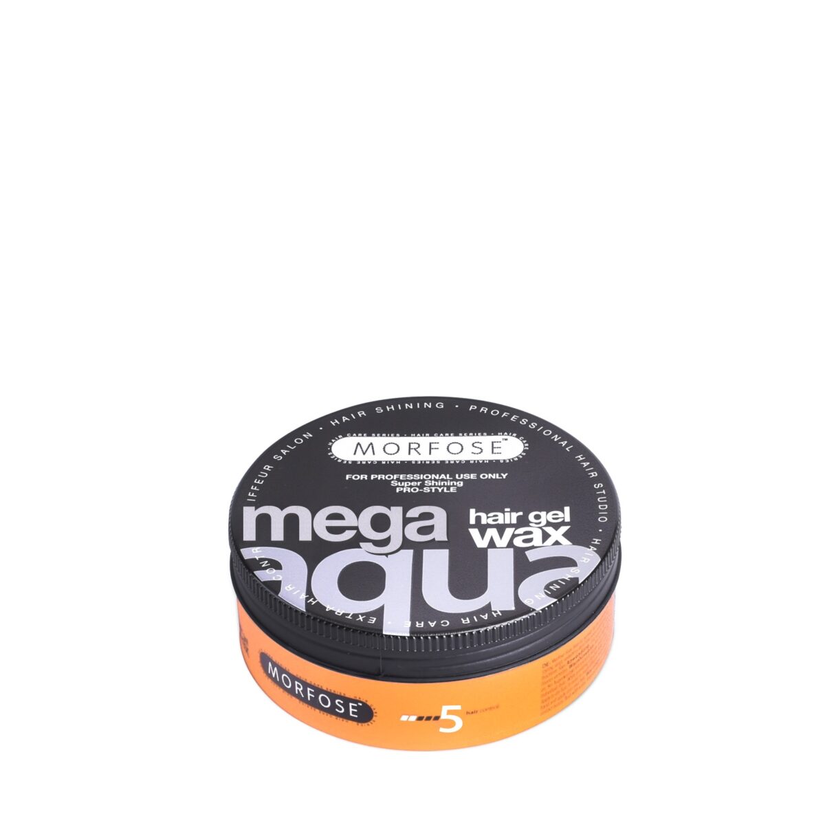 Morfose Mega Aqua Hair Gel Wax 150ml har en rund behållare med svart lock och orange bas, designad för proffs i Sverige. Den ger en stark hållfasthet nivå 5, vilket säkerställer perfekt styling "för kvinna".