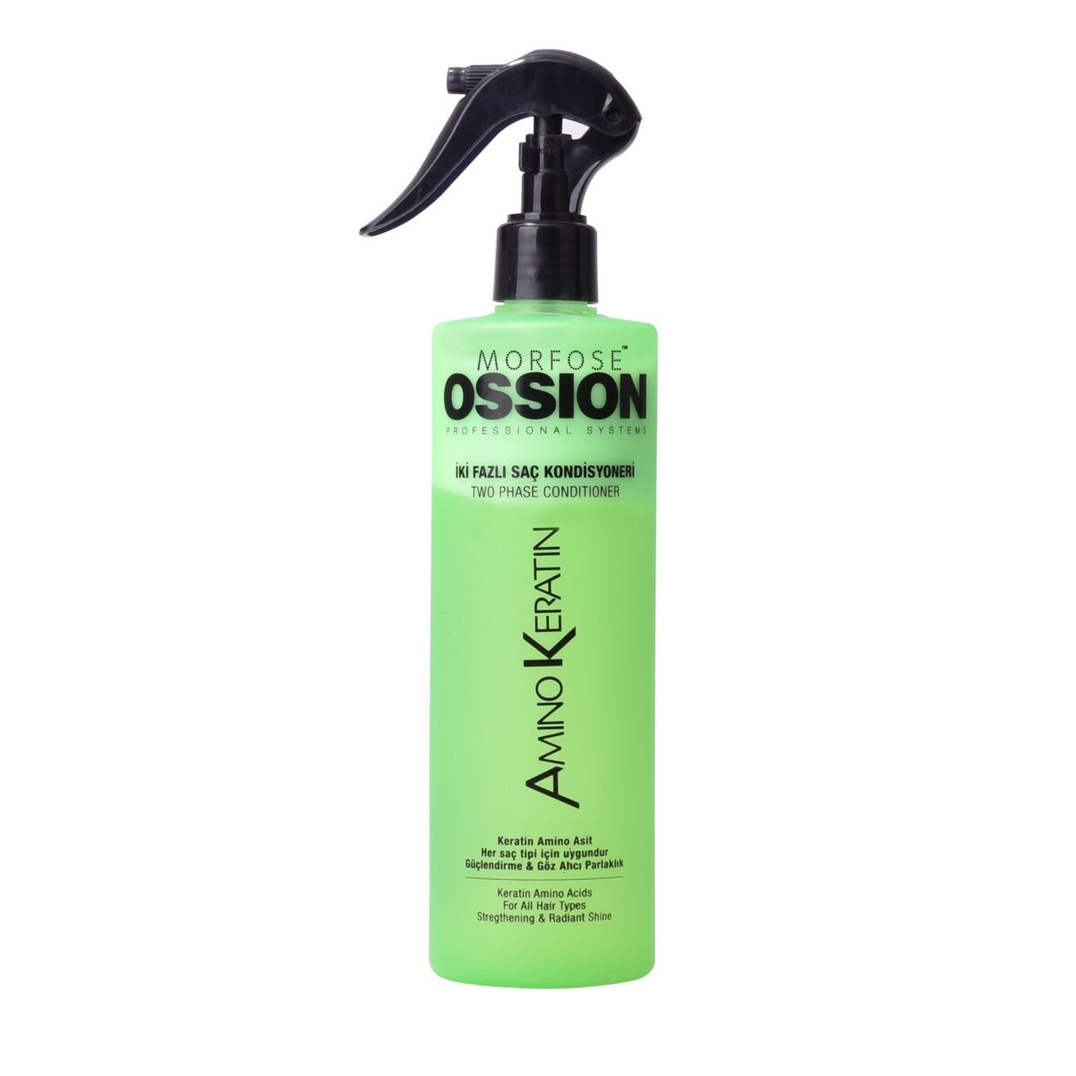 En 400 ml flaska Ossion Amino Keratin Two Phase Conditioner har en grön kropp och svart spraymunstycke, perfekt för kvinnor som söker hårprodukter av hög kvalitet. Etiketten visar varumärkes- och produktinformation på flera språk.