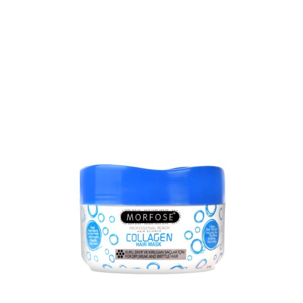 Morfose Collagen Hair Mask 500ml, en premium hårprodukt från Golaan Sverige, har en vit behållare med blå bubbeldesign och ett blått lock, designat speciellt för torrt, svagt och sprött hår.