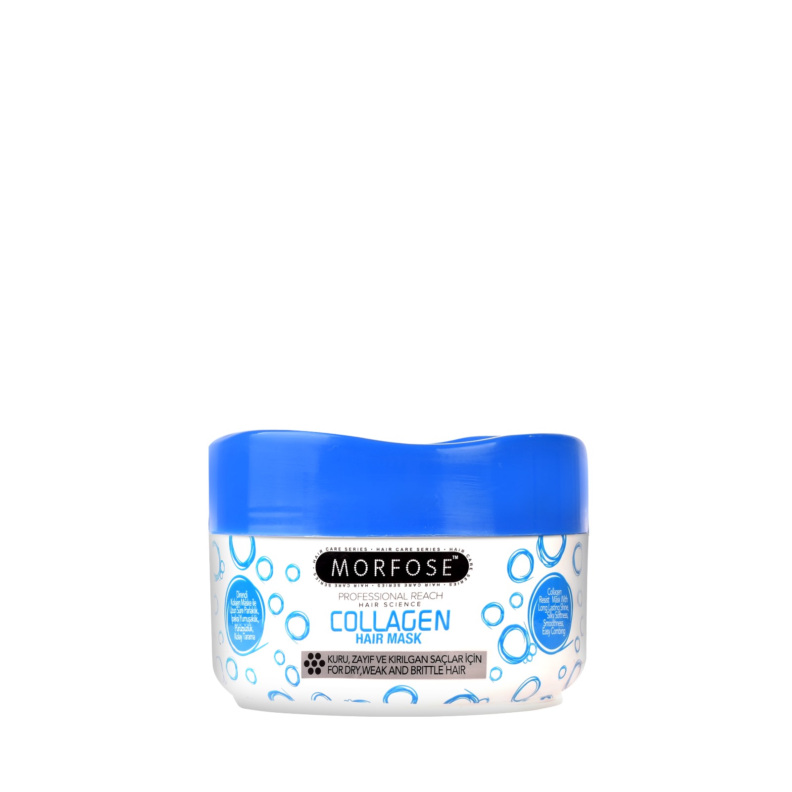 Morfose Collagen Hair Mask 500ml, en premium hårprodukt från Golaan Sverige, har en vit behållare med blå bubbeldesign och ett blått lock, designat speciellt för torrt, svagt och sprött hår.