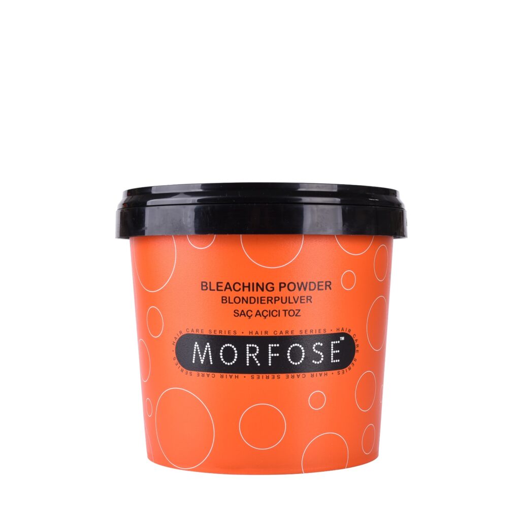 En 1000 ml orange behållare med Morfose Bleaching Powder Blue med svart lock, designad för kvinna, har eleganta ljusorange cirklar och flerspråkig text.