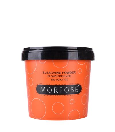 En 1000 ml orange behållare med Morfose Bleaching Powder Blue med svart lock, designad för kvinna, har eleganta ljusorange cirklar och flerspråkig text.