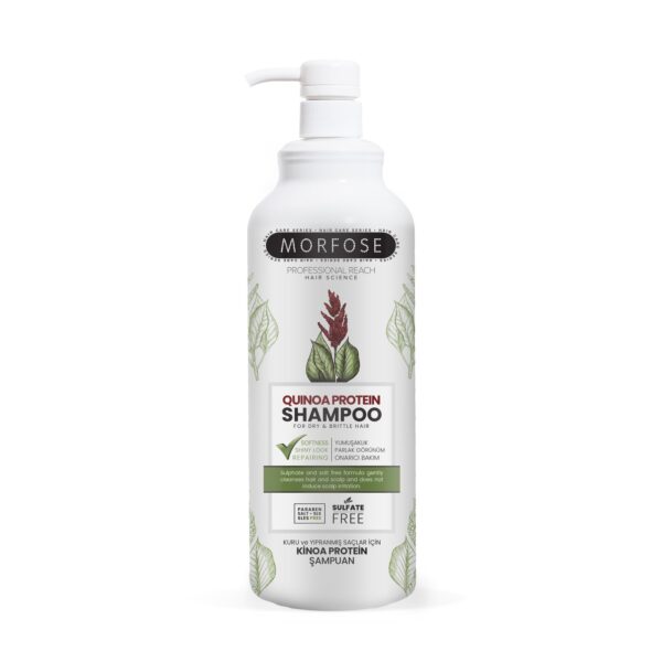 1000ml Morfose Quinoa Protein Shampoo från Golaan Sverige har en pumpdispenser. Dess etikett visar "sulfatfritt" och "för torrt och sprött hår" med gröna botaniska illustrationer, vilket gör det till ett premiumval inom hårprodukter.