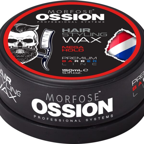 Morfose Ossion Premium Barber Hair Wax Mega Hold 150ml är en rund, svart behållare med en skäggig man med en hårklippare i rött, vitt och blått. Idealisk för män som söker perfekt stil. Finns på Golaan Sverige.