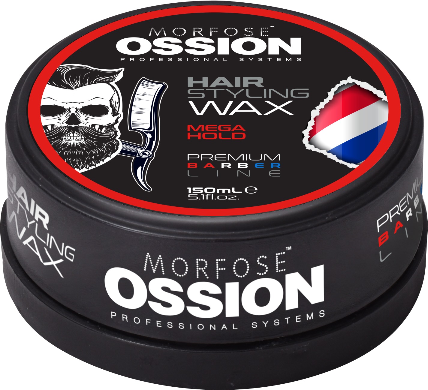 Morfose Ossion Premium Barber Hair Wax Mega Hold 150ml är en rund, svart behållare med en skäggig man med en hårklippare i rött, vitt och blått. Idealisk för män som söker perfekt stil. Finns på Golaan Sverige.