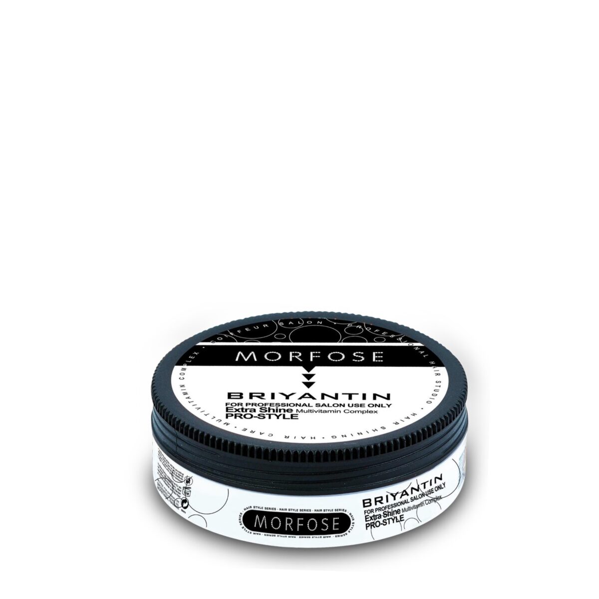 En rund burk med Morfose Briyantin Cream Hair Wax (175 ml) för kvinnor, med en svart och vit design med dekorativa mönster och märkt endast för professionellt bruk.