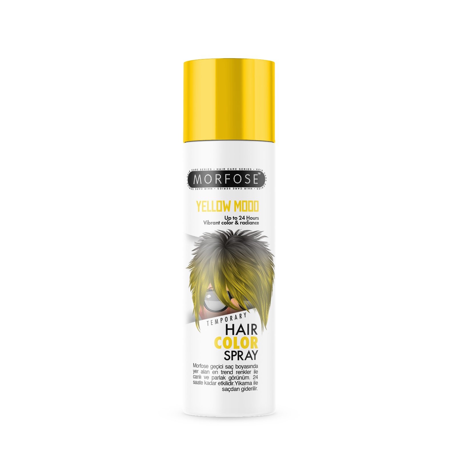 Morfose Hair Color Spray Yellow 150ml är idealisk för både kvinna och man, och erbjuder en levande gul färg som lätt tvättas ur på 24 timmar. Förpackningen är vit och gul, med en illustration av gult hår. En måste-ha hårprodukt!.