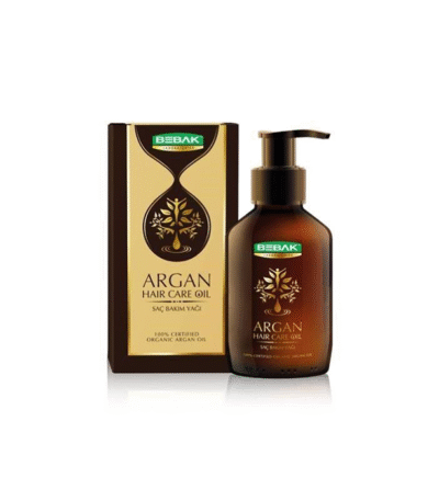 Bebak Argan Hair Care Oil 100ml, en premium hårprodukt för kvinnor, kommer i en flaska och låda prydd med en guldträddesign på en brun bakgrund, som framhäver dess ekologiska ingredienser.