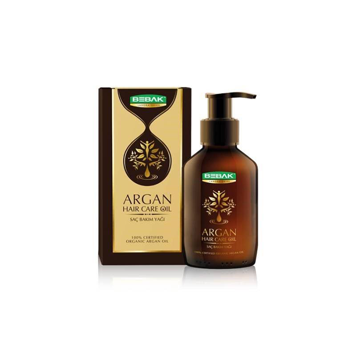 Bebak Argan Hair Care Oil 100ml, en premium hårprodukt för kvinnor, kommer i en flaska och låda prydd med en guldträddesign på en brun bakgrund, som framhäver dess ekologiska ingredienser.