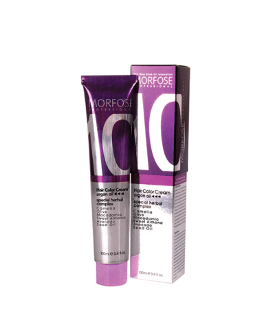 En 100 ml tub och låda med Morfose 10 Professional Hair Color Cream, idealisk för både män och kvinnor, kommer i lila och vit förpackning med arganolja och ett speciellt örtkomplex. Röret är väl synligt framför lådan.