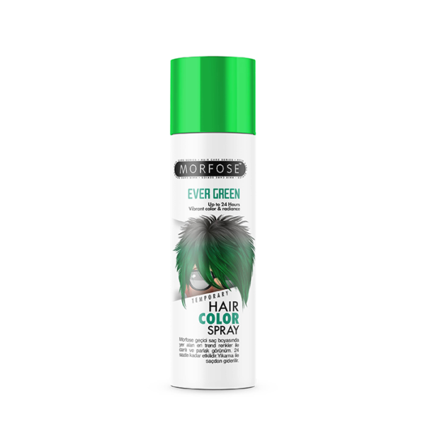 Morfose Hair Color Spray Green 150Ml, designad för kvinnor, har en grön keps och etikett med en levande frisyrbild och flerspråkiga produktdetaljer – perfekt för dem som är angelägna om att experimentera med djärva hårfärger.