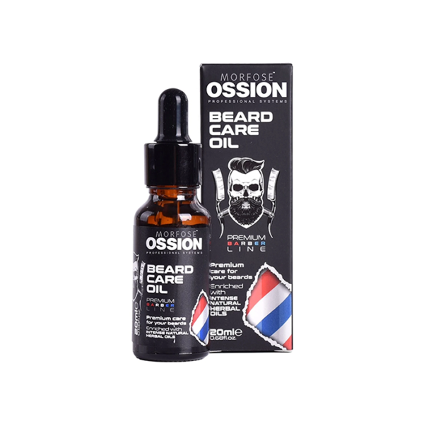 Ossion Beard Care Oil 20 ml från Morfose är idealisk för män, i en brun droppflaska av glas bredvid en svart låda med sax, kammar och en stiliserad skäggillustration. En del av Golaans hårproduktkollektion.