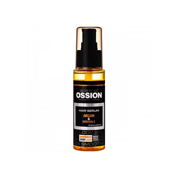 Utforska Ossion Hair Serum Argan Vitamin E 75ml, en premium hårprodukt för kvinnor. Förpackad i en genomskinlig flaska med en snygg svart etikett och pumpdispenser, den visar upp det gyllene serumet inuti för slätt, glänsande hår. Finns på Golaan Sverige.