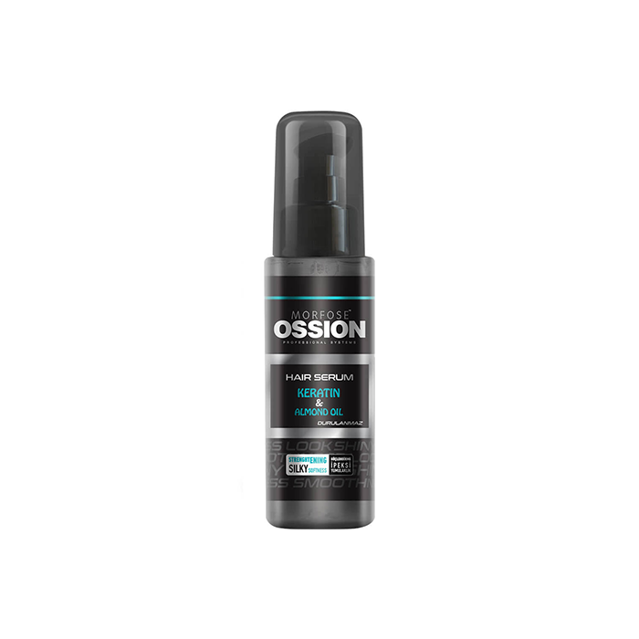 Upptäck Ossion Hair Serum Keratin Almond Oil 75ml, en Golaan-godkänd hårprodukt. Den har en chic svart och silver pumpflaska med keratin och mandelolja på etiketten, perfekt för din Golaan Sverige-kollektion.