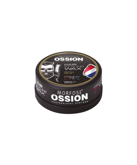 En rund behållare i svart och guld med OSSION PREMIUM BARBER HAIR WAX Extra Hold 150ml, prydd med en dödskallegrafik och barbershop-stångdesign på locket, är perfekt för kvinna.