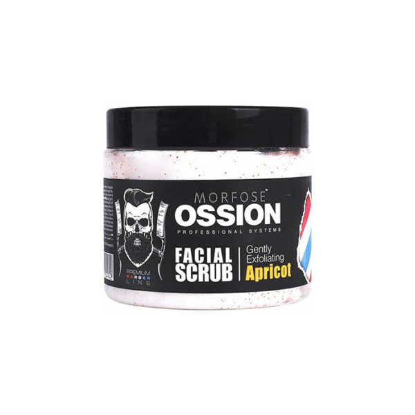 Ossion Premium Barber Face Scrub Apricot 400 ml, med en skäggig man-illustration och frisörstångsdesign på vitt, erbjuder Golaan Sverige-entusiaster en raffinerad grooming-upplevelse skräddarsydd för män.