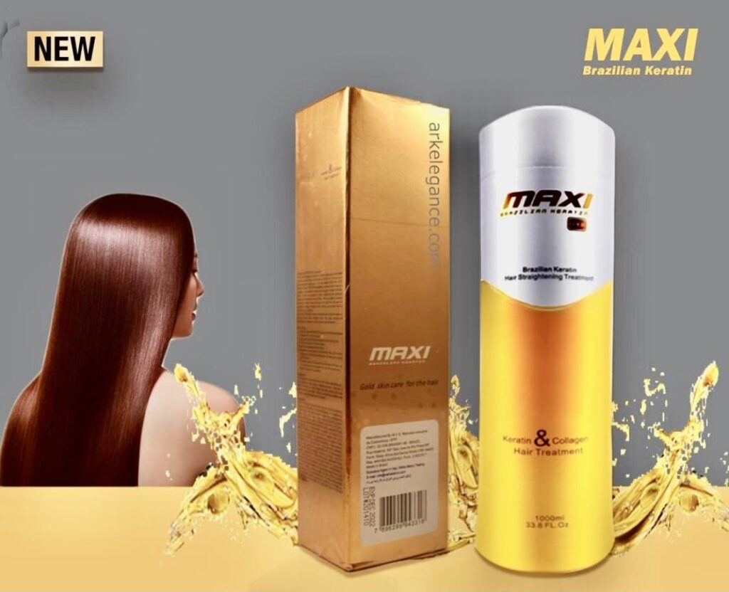 En 1000 ml flaska Protein Maxi Keratin Gold, en topphårprodukt från Golaan Sverige, visas med snygg förpackning. Etiketten betonar dess keratin- och kollagenformel. I bakgrunden utstrålar glänsande, rakt brunt hår hälsa och vitalitet – perfekt för dem som söker släthet.