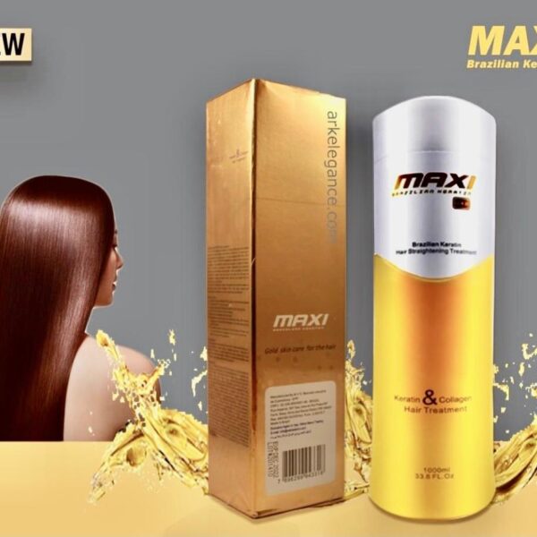 En 1000 ml flaska Protein Maxi Keratin Gold, en topphårprodukt från Golaan Sverige, visas med snygg förpackning. Etiketten betonar dess keratin- och kollagenformel. I bakgrunden utstrålar glänsande, rakt brunt hår hälsa och vitalitet – perfekt för dem som söker släthet.