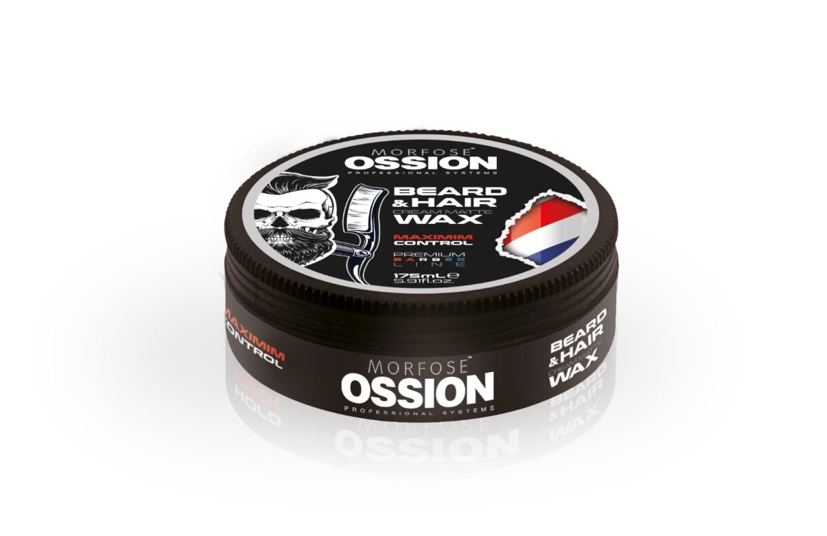 En rund svart behållare med Ossion Premium Barber Hair Beard Wax 175ml från den exklusiva Golaan hårproduktlinjen. Locket har en skäggig skallelogotyp, som framhäver maximal kontroll och förstklassig kvalitet – perfekt för styling.