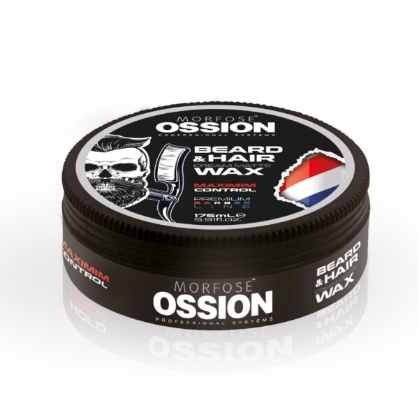 En rund svart behållare med Ossion Premium Barber Hair Beard Wax 175ml från den exklusiva Golaan hårproduktlinjen. Locket har en skäggig skallelogotyp, som framhäver maximal kontroll och förstklassig kvalitet – perfekt för styling.