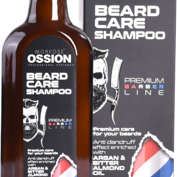 En 100 ml brun glasflaska med Ossion Beard Care Shampoo visas med sin låda. Förpackningen för män visar en skäggig man, framhäver ingredienser som argan och bittermandelolja och har ett frisörstångsmotiv i botten.