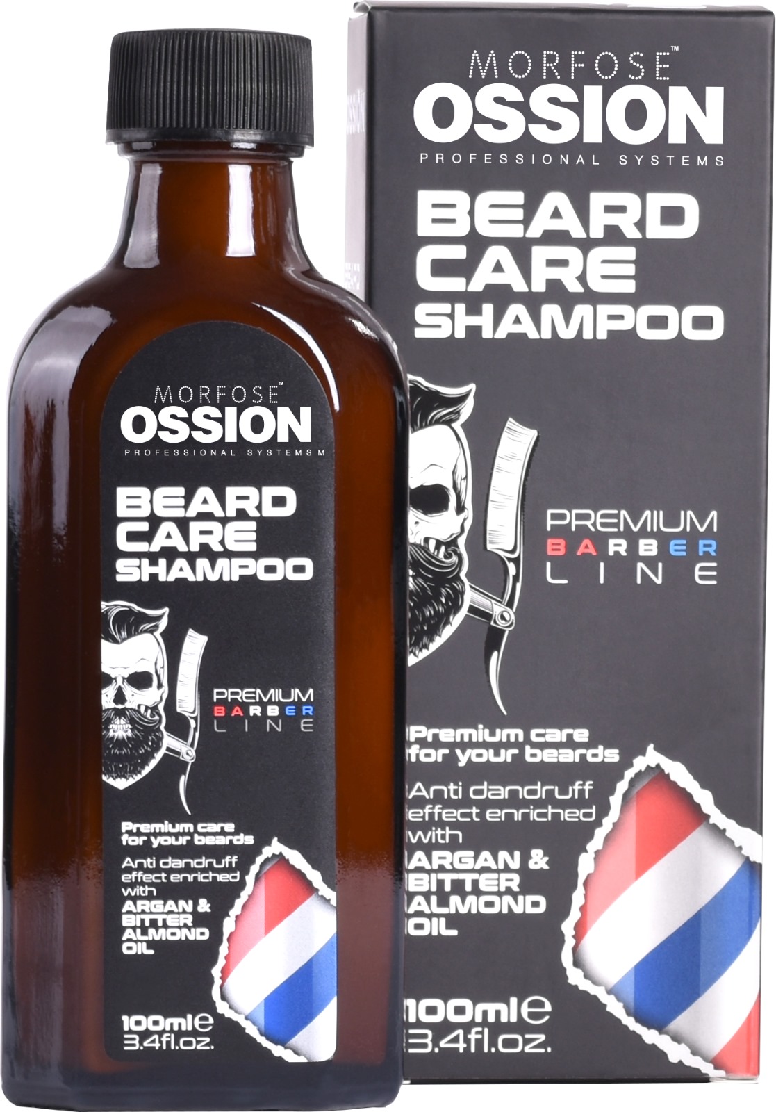 En 100 ml brun glasflaska med Ossion Beard Care Shampoo visas med sin låda. Förpackningen för män visar en skäggig man, framhäver ingredienser som argan och bittermandelolja och har ett frisörstångsmotiv i botten.