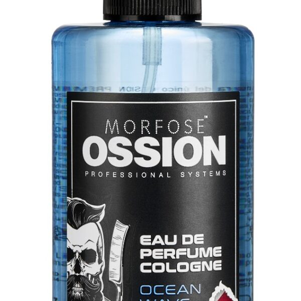 Ossion Premium Berber Spray Cologne Wave 300ml är en uppfriskande doft för män, förpackad i en elegant blå flaska med en svart spraytopp och design med frisörtema med en frisörstångsgrafik, perfekt för dagligt bruk.