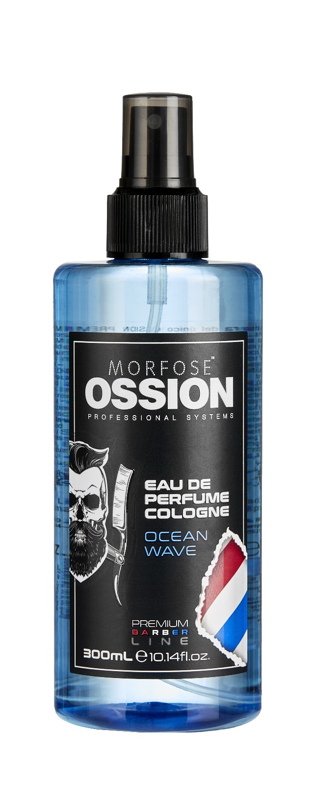 Ossion Premium Berber Spray Cologne Wave 300ml är en uppfriskande doft för män, förpackad i en elegant blå flaska med en svart spraytopp och design med frisörtema med en frisörstångsgrafik, perfekt för dagligt bruk.