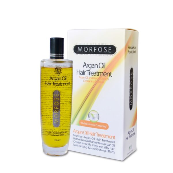 Morfose Herbal Argan Oil Hair Treatment 100ml för män och kvinnor, med en fuktgivande och vårdande formel för torrt och glänsande hår, visas bredvid förpackningen. Den genomskinliga flaskan med svart lock visar den gula vätskan inuti.