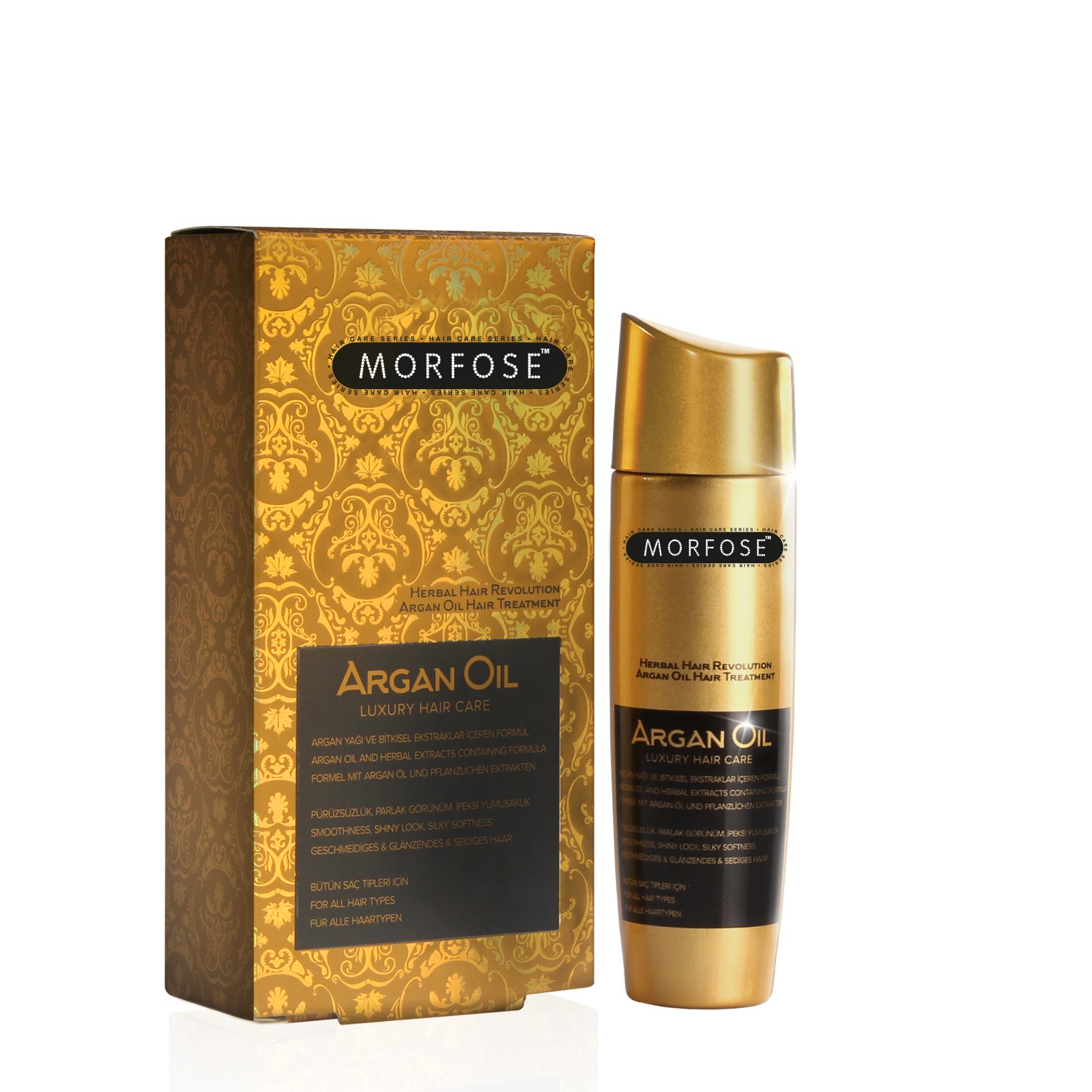 En guldask och flaska Morfose Argan Oil Luxury Hair Care 100ml med utsmyckade mönster speglar Golaan Sveriges stil. Förpackningen framhäver varumärket, med en flaska med svart lock som matchar designen, som visar upp dess status för lyxiga hårprodukter.